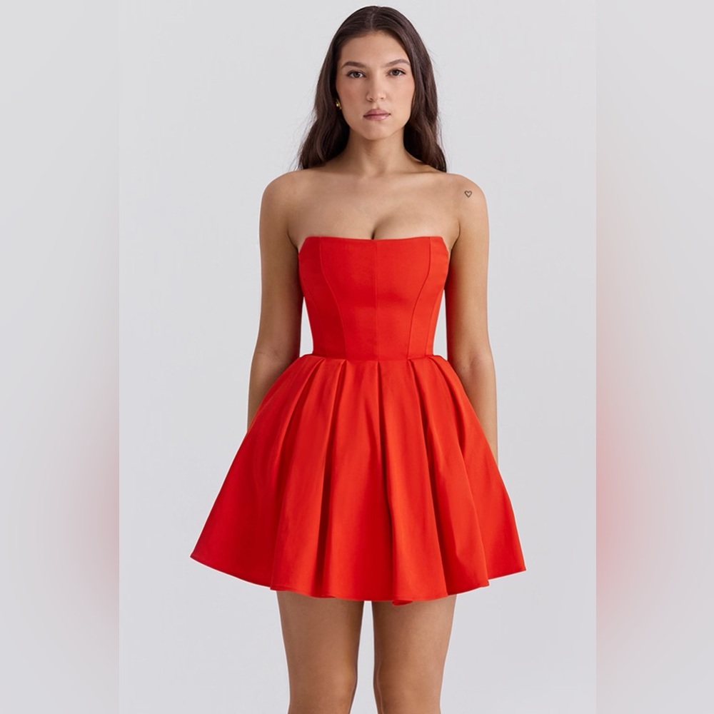 House of CB Emmanuela Italian Tomato Red Strapless Pleated Mini Dress (Small) - Picture 2 of 5